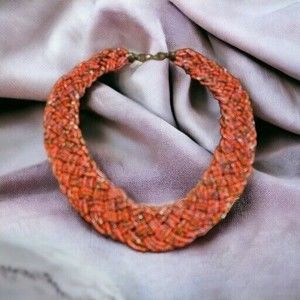 Vintage Boho Woven Braided Seed Bead Statement Bib Necklace  RED PINK BROWNS